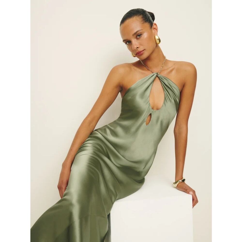 Reformation Yesenia Green 100% Silk Maxi Dress Size S - Picture 2 of 11